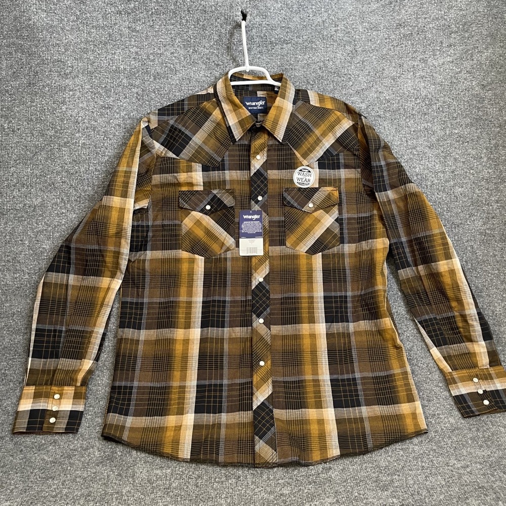 Wrangler Western Shirt Mens L Pearl Snap Plaid Long Sleeve Mustard Brown NWT